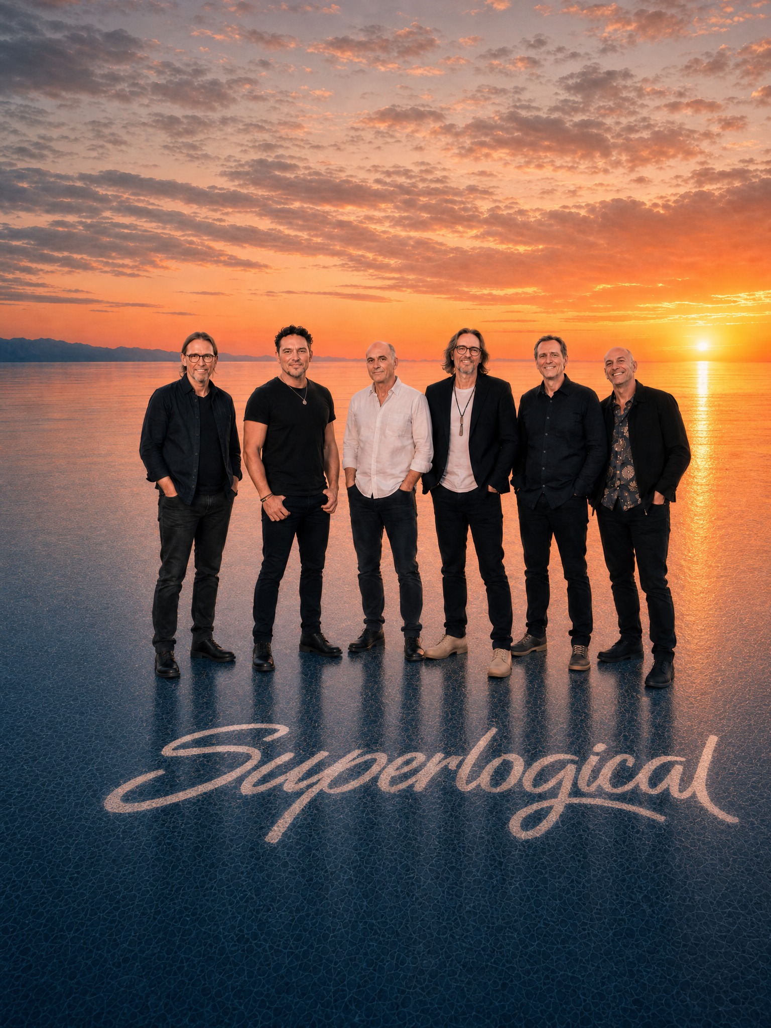 Superlogical – sechsköpfige Band vor einem Sonnenuntergang