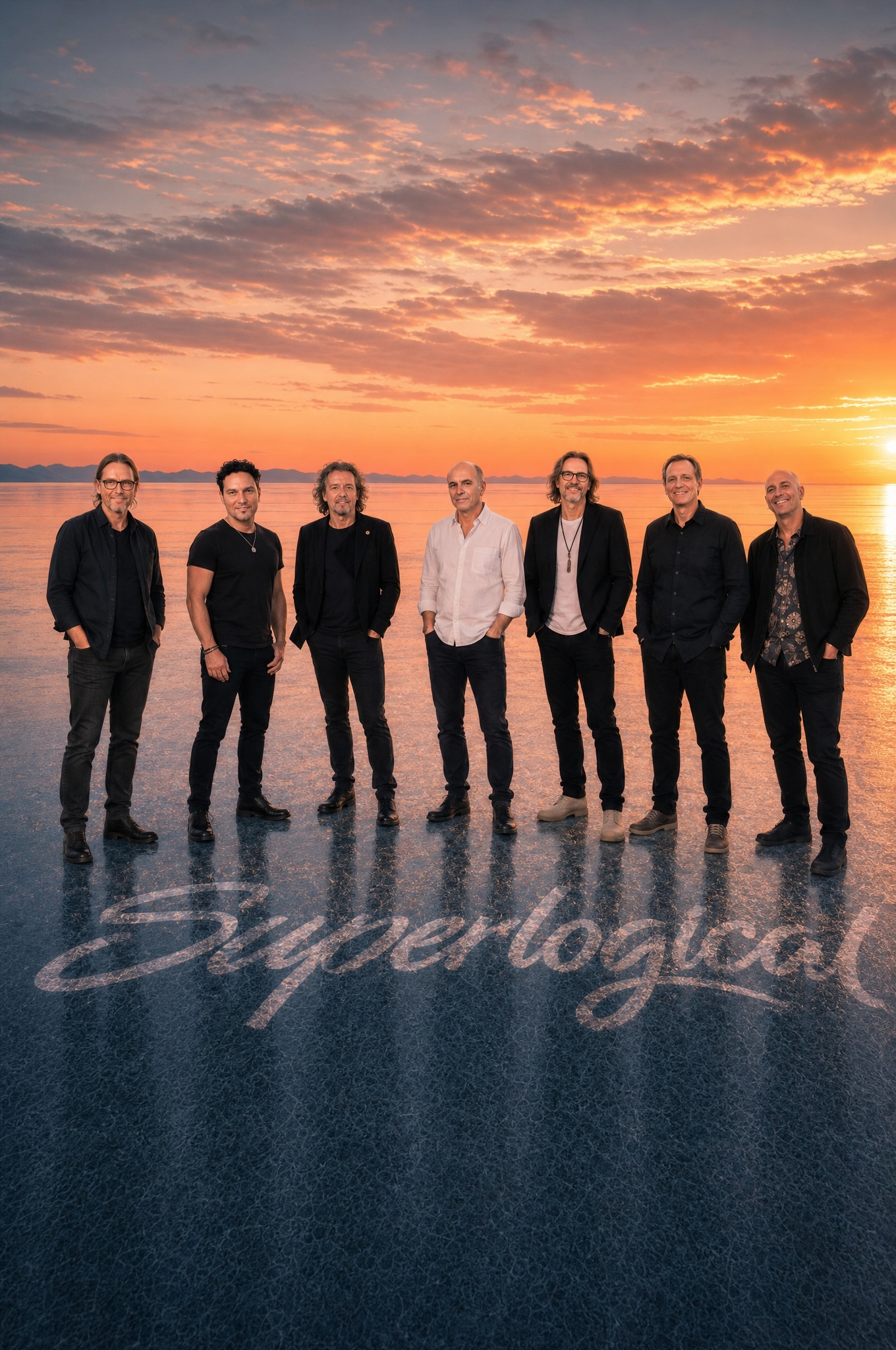 Superlogical – siebenköpfige Band vor einem Sonnenuntergang